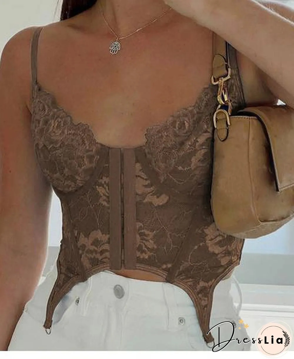 y2k Sexy Women Camisole Top Floral Lace Button Up Backless Slim Fit Crop Top Retro Aesthetic Harajuku Mini Vest Clothing