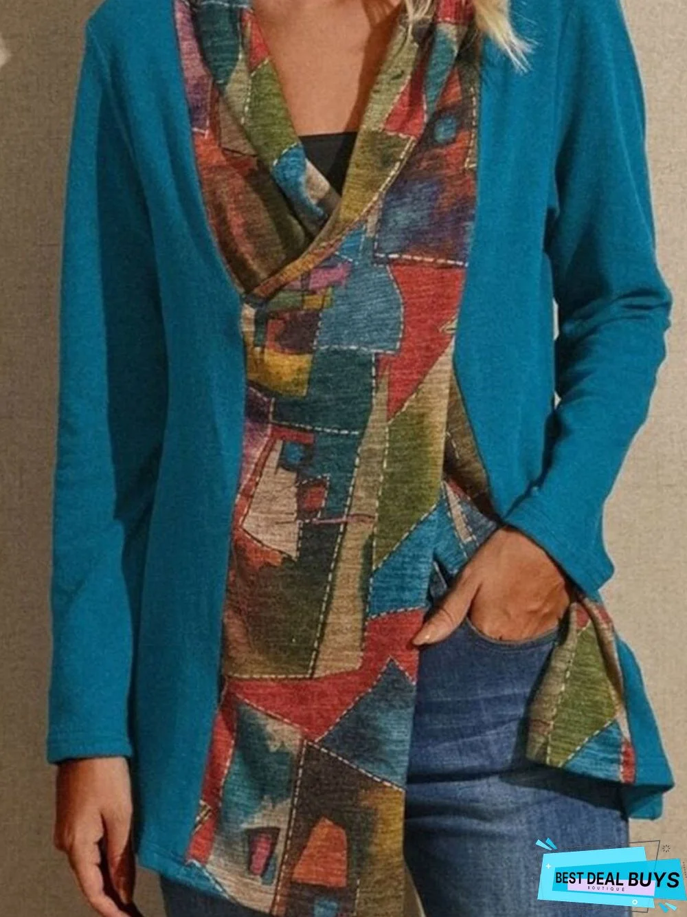 Cotton-Blend Casual Printed Long Sleeve Tunic Top