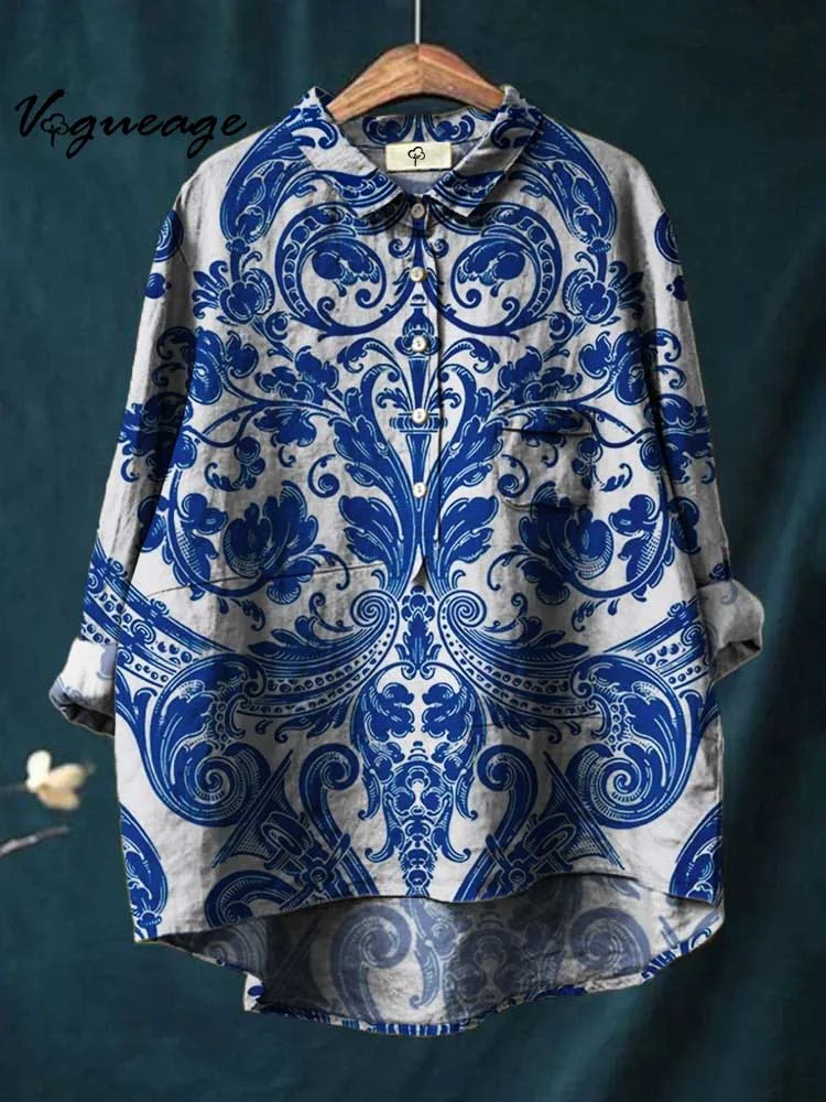 Elegant Ink Painting Flowers And Plants Printed Cotton And Linen Shirt
