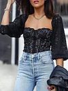 Lace Underwired Puff Sleeves Off-The-Shoulder Shirt Tops