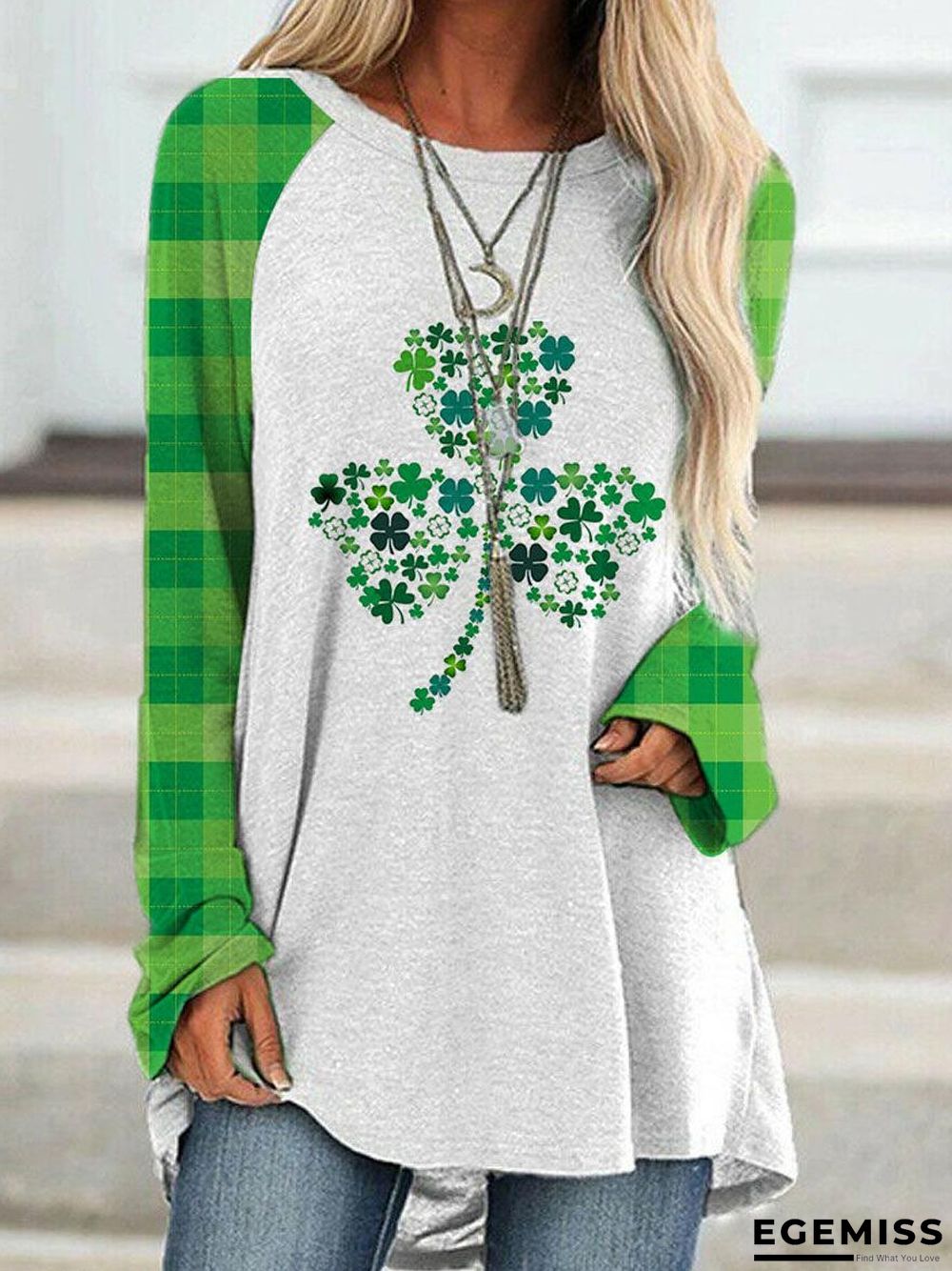Crew Neck Clover Print Casual Long Sleeve T-shirt | EGEMISS