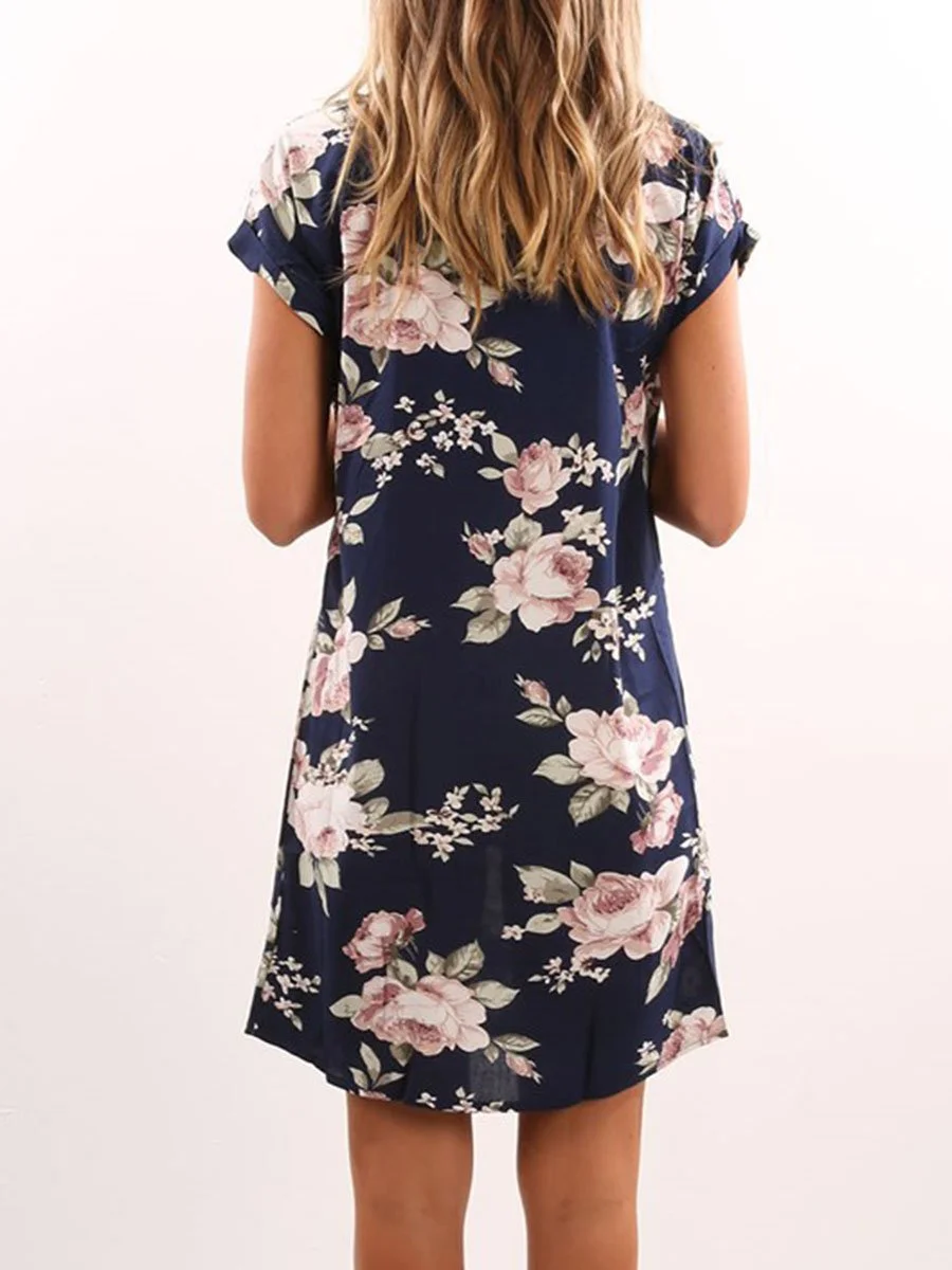 Round Neck Short Sleeves Shift Floral Dress