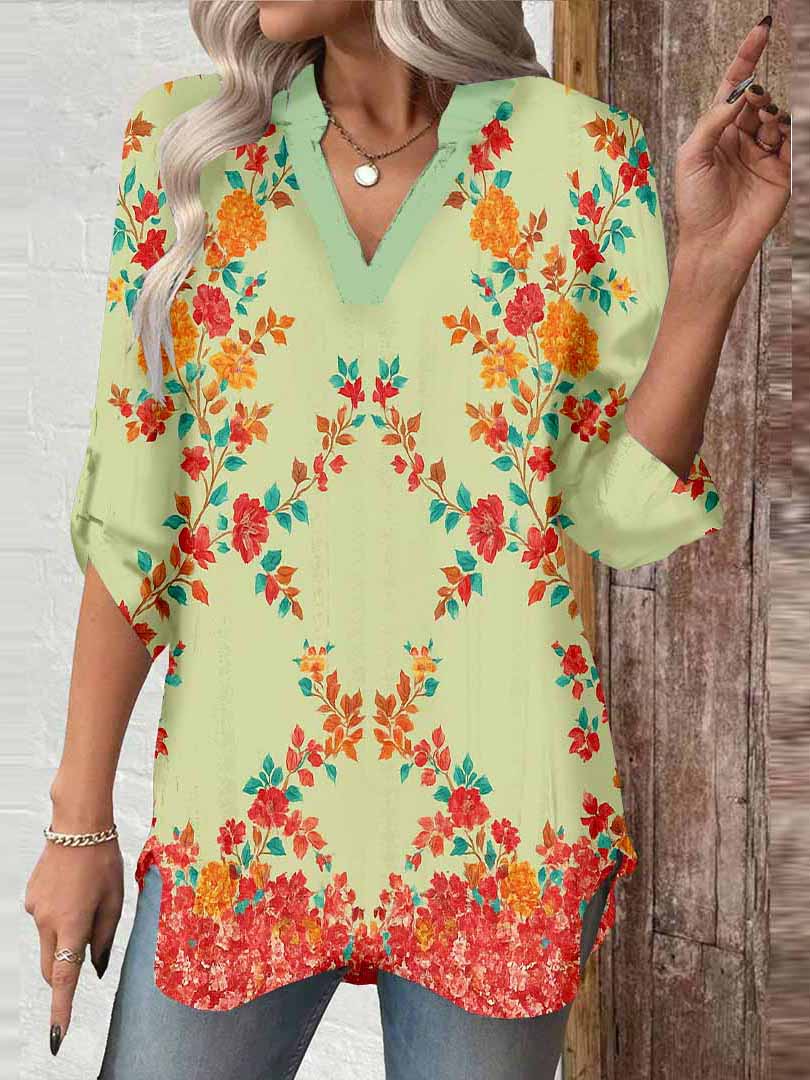 Women Floral, Green, Red DZGA0172 3/4 Sleeve V-neck Printed Graphic Button Tops