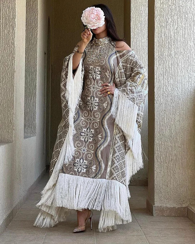 Women's Off-Shoulder Embroidered Tassel Dress