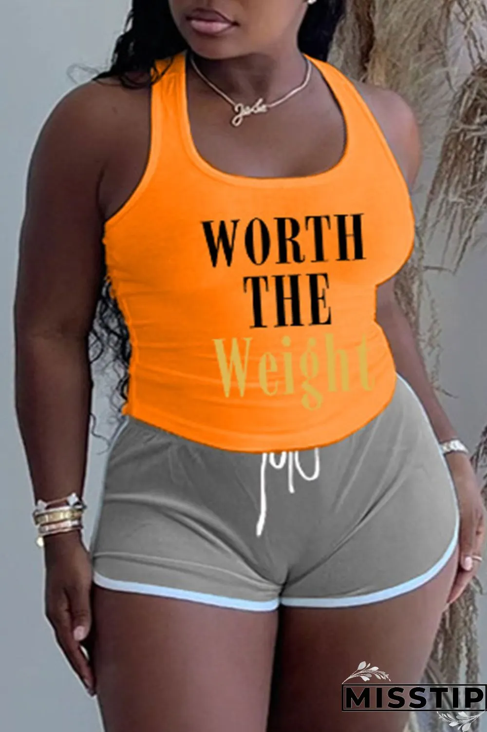 Khaki Casual Letter Patchwork U Neck Plus Size Two Pieces