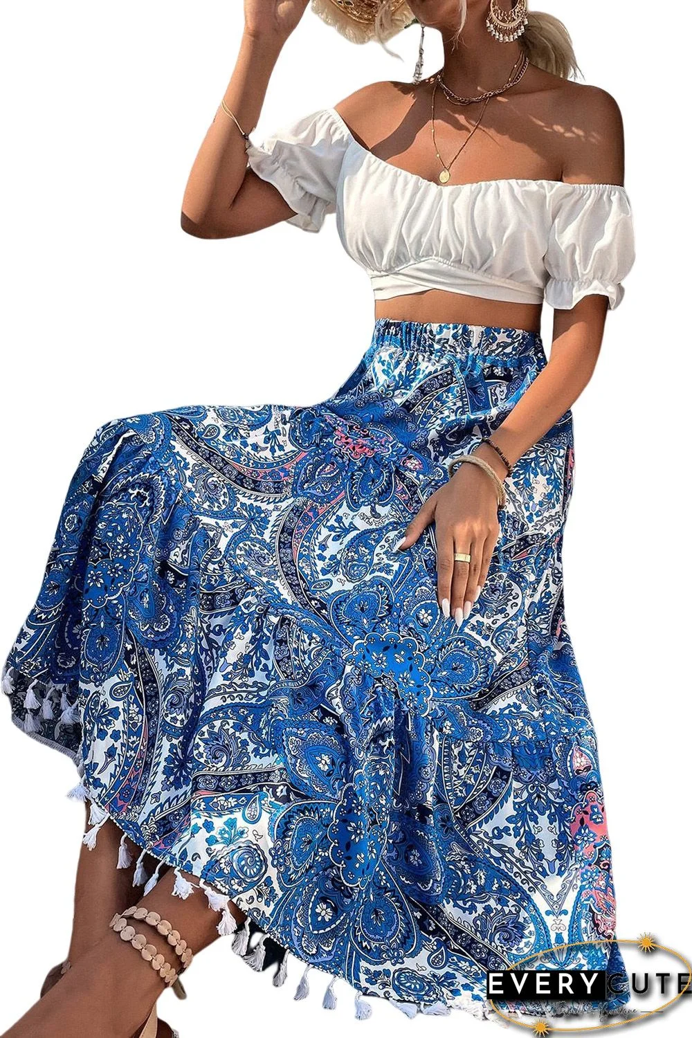 Blue Paisley Print Fringe Hem Boho Maxi Skirt