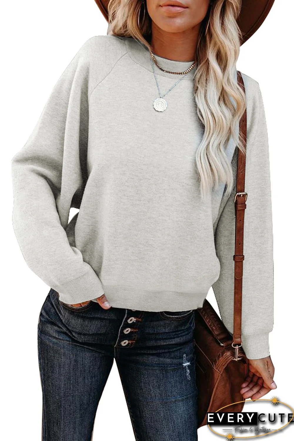 Gray Crew Neck Raglan Sleeve Sweatshirt