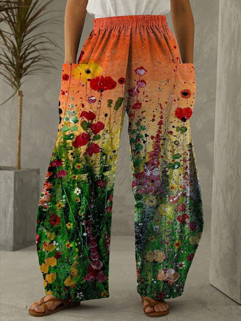 Poppy Flower Print Casual Pants