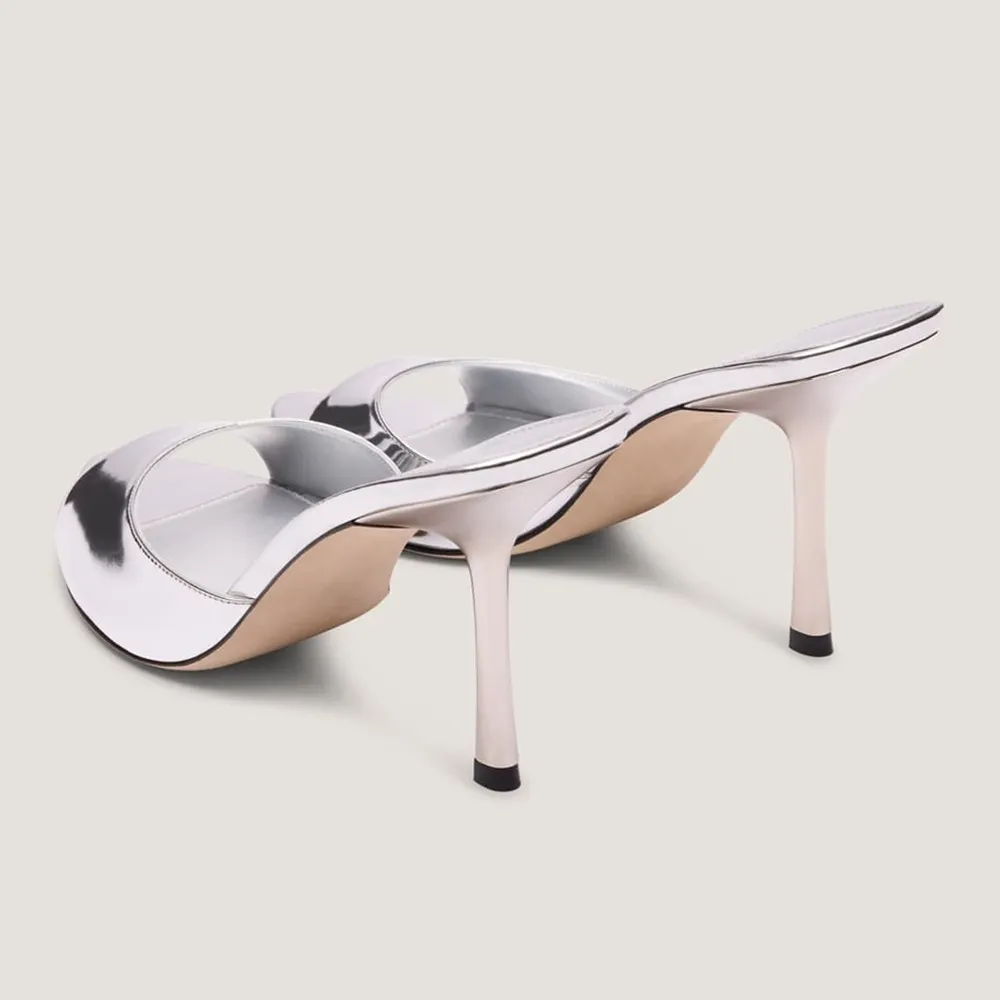 Patent Leather Open Toe Stiletto Heel Silver Slip On Summer Sandals