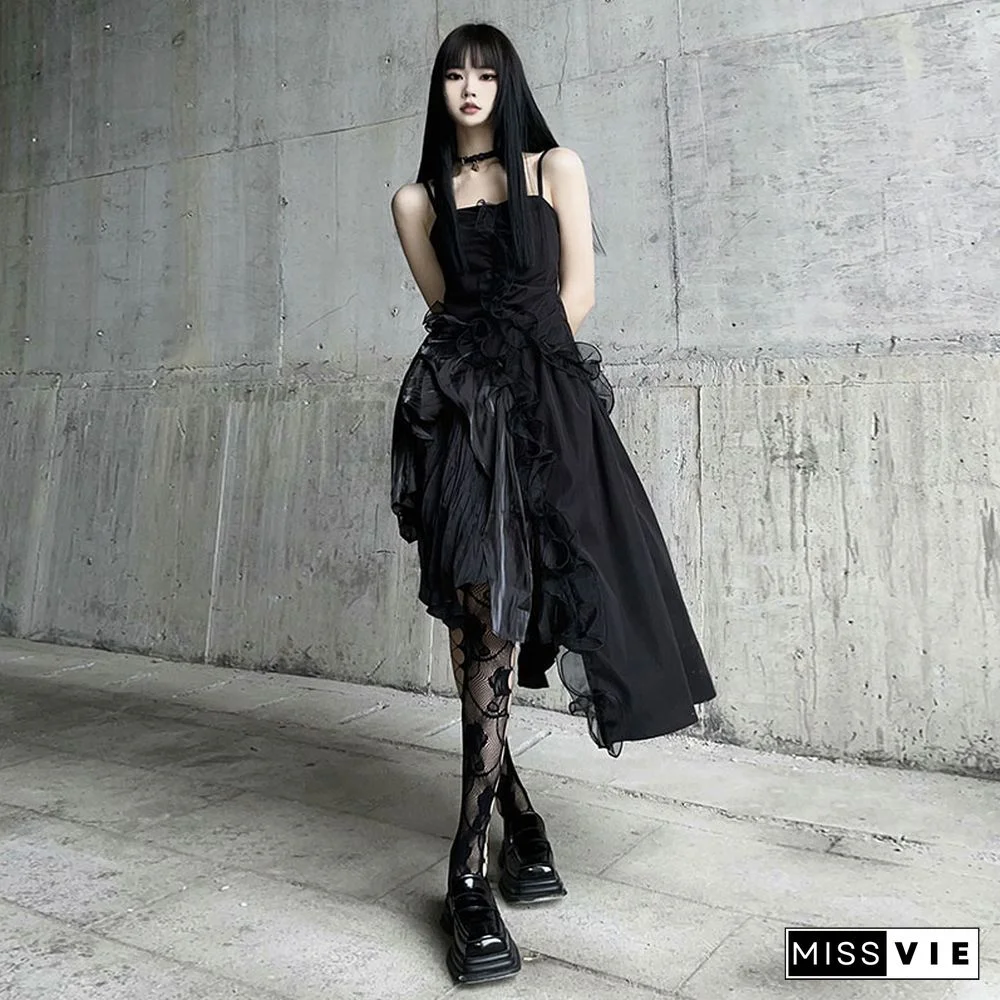 Irregular Lace Slip Dress Black