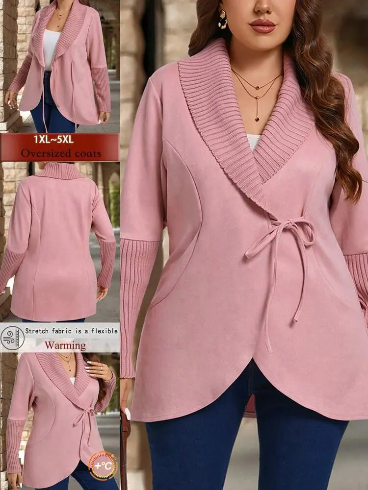 Plus Size Casual Solid Color Shawl Collar Tie Wrap Outerwear, Autumn
