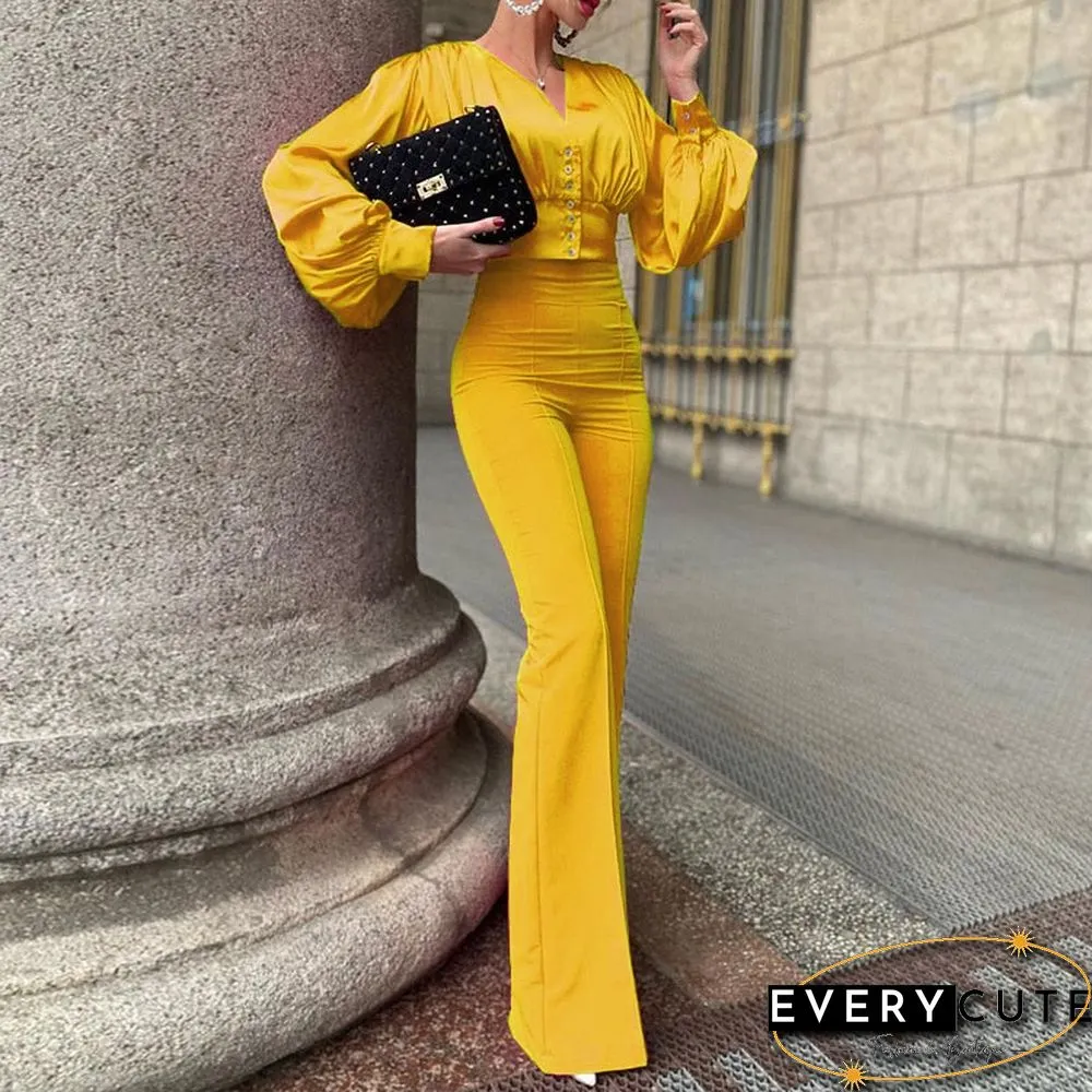 Spring Design Puff Sleeve Buttoned Tops Flared Pants Suits Fashion Elegant High Street