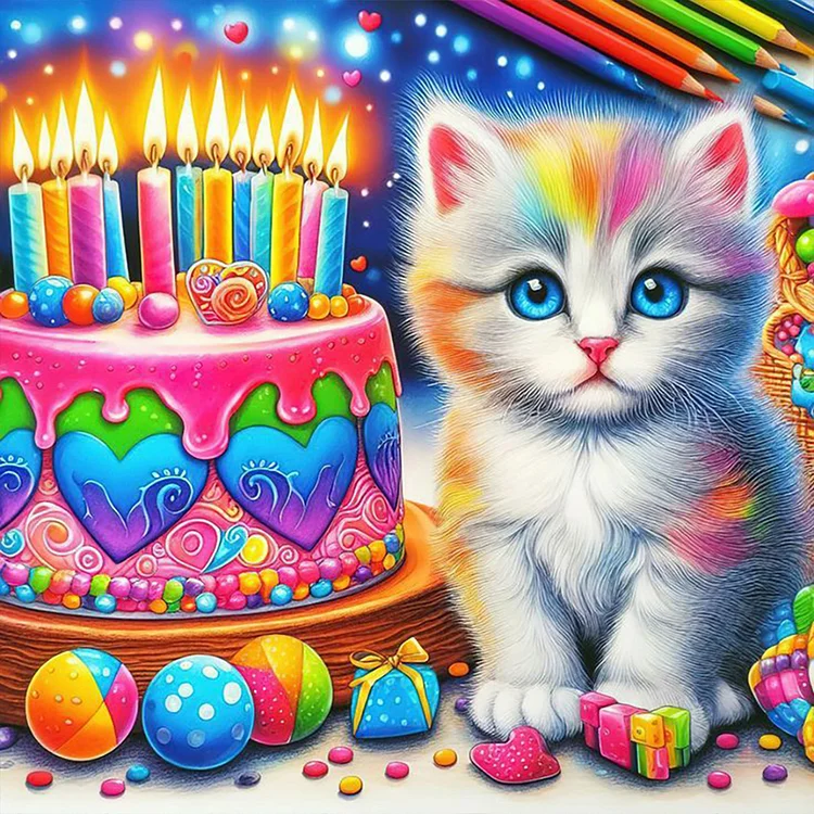 Cat With Colorful Cake 40*40CM (Canvas) Full Round Drill Diamond Painting gbfke