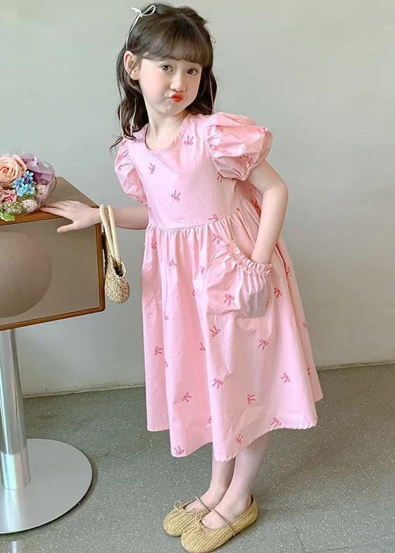 New Pink Pockets Lace Up Cotton Kids Girls Dresses Puff Sleeve