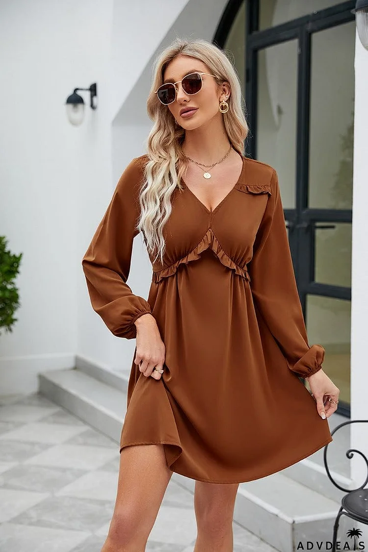 Frill Trim V-Neck Long Sleeve Dress