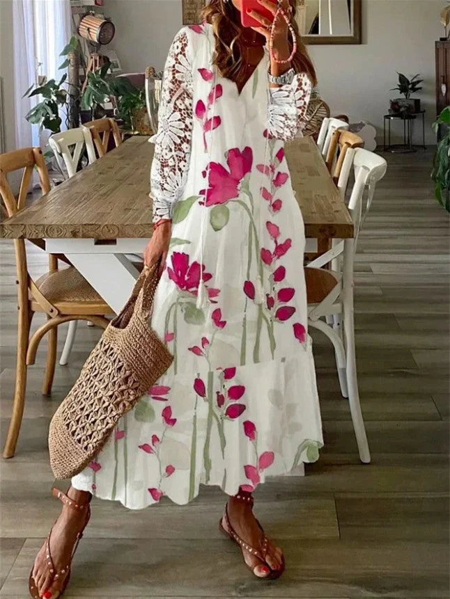 Women's Lace Long Sleeve V Neck Flower Print Fashion Casual Dress