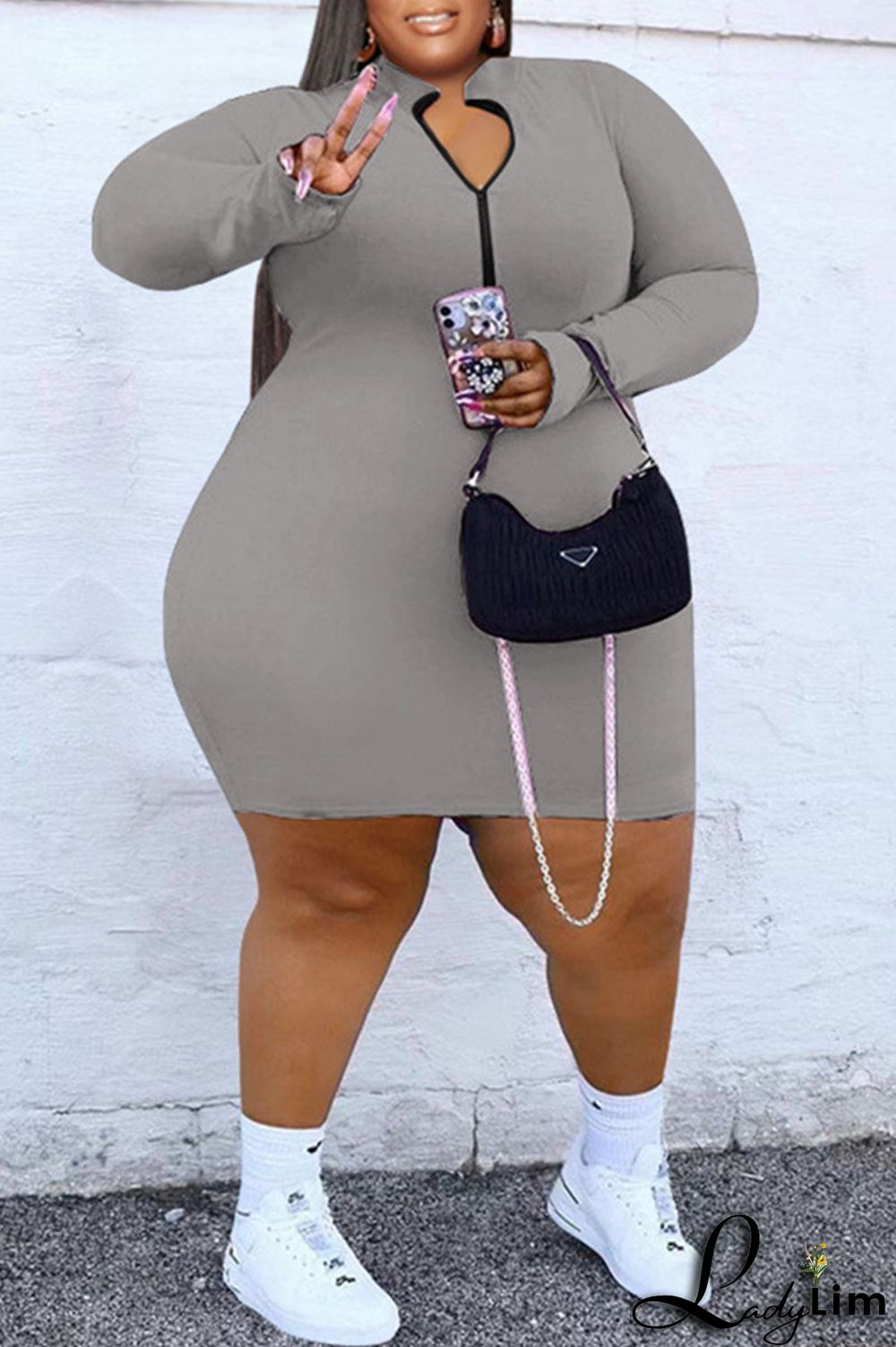 Burgundy Fashion Casual Solid Basic Zipper Collar Long Sleeve Plus Size Dresses