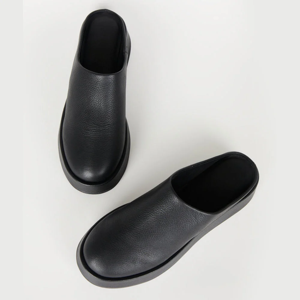 Black Faux Leather Round Toe Backless Slip On Platform Mules