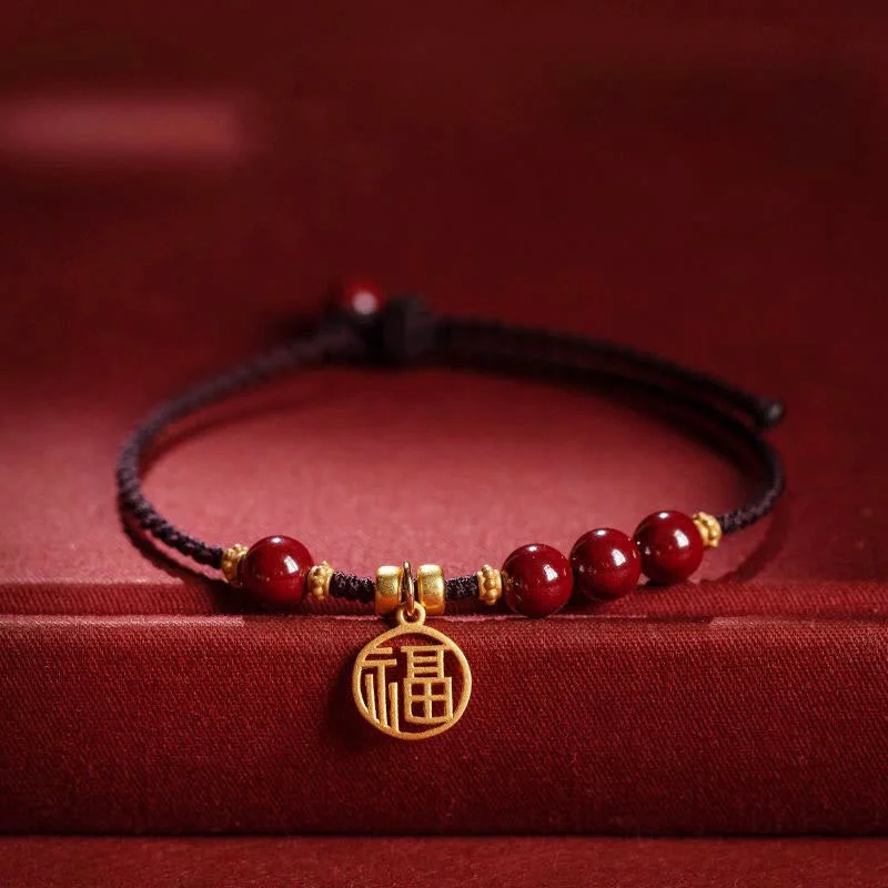 Cinnabar Bead Fu Character Charm Blessing Braided String Bracelet