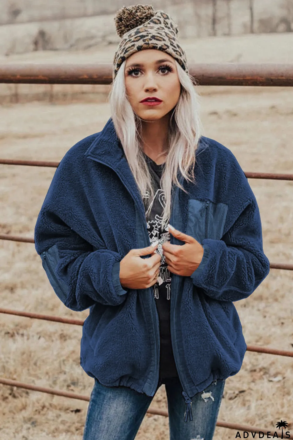 Zip Up Sherpa Coat With Pocket