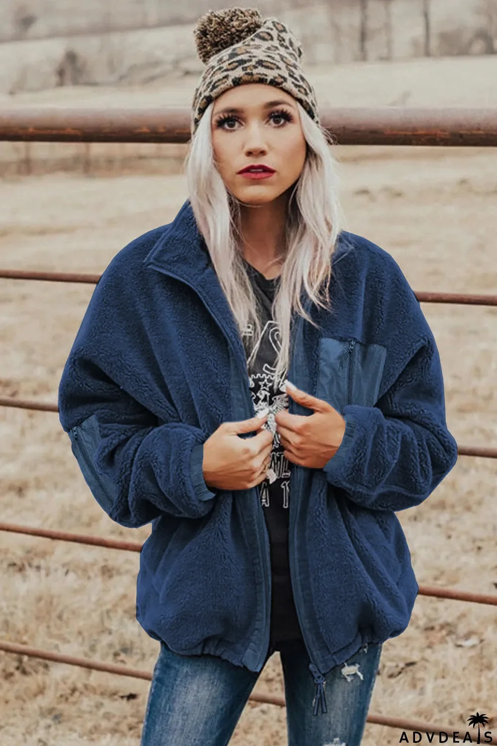 Zip Up Sherpa Coat With Pocket