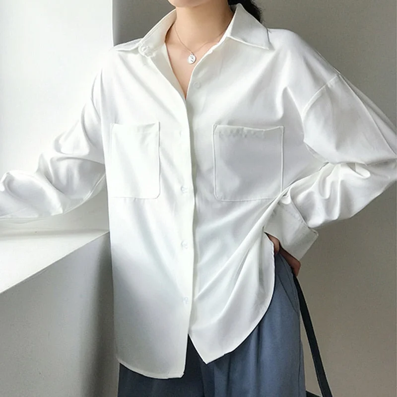 OL Style White Shirts for Women Turn-down Collar Pockets Women Blouse Tops Elegant Workwear Female Tops blusas femme 2020 Autumn