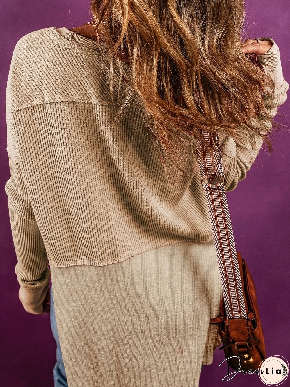 Light French Beige Waffle Knit Top with Exposed Seam Detail