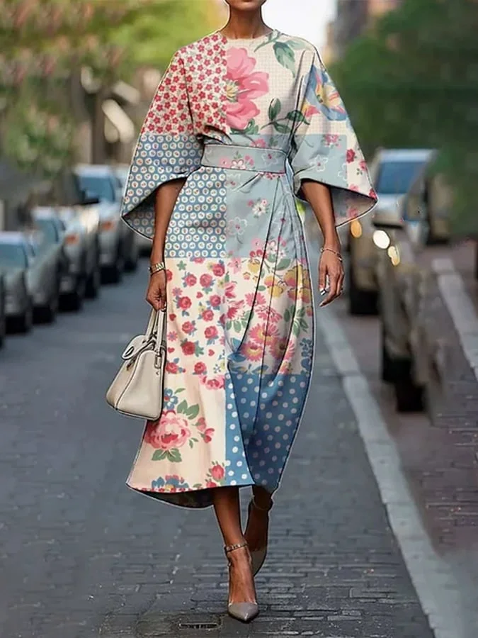 Women's Retro Botanical Floral Patchwork Art Print Dress 