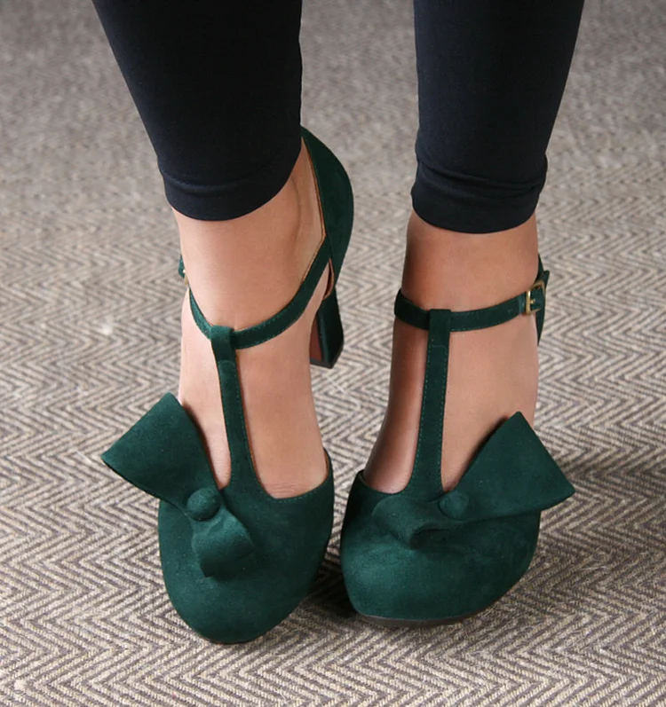 Green Vegan Suede Bow Vintage Shoes T Strap Block Heel Sandals |FSJ Shoes