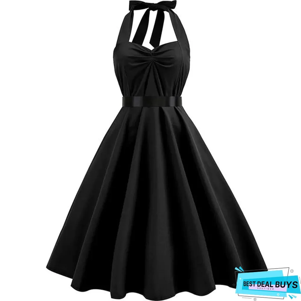 Sexy Halter Party Dress Retro Polka Dot Vintage Dresses Elegant Midi Dress