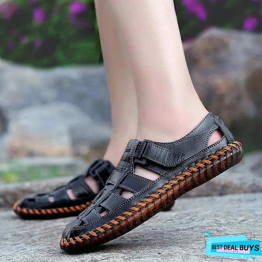 Men's Cow Leather Sandals Breathable Casual Footwear Walking Sandal Shoes
