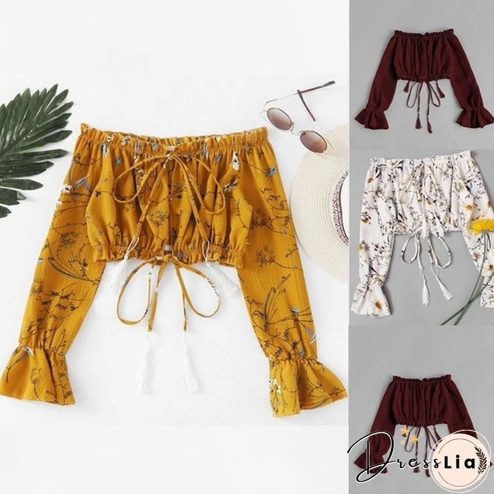 Women's Lace up Bandage Off Shoulder Long Sleeve T-Shirt Crop Tops Blouse Shirt