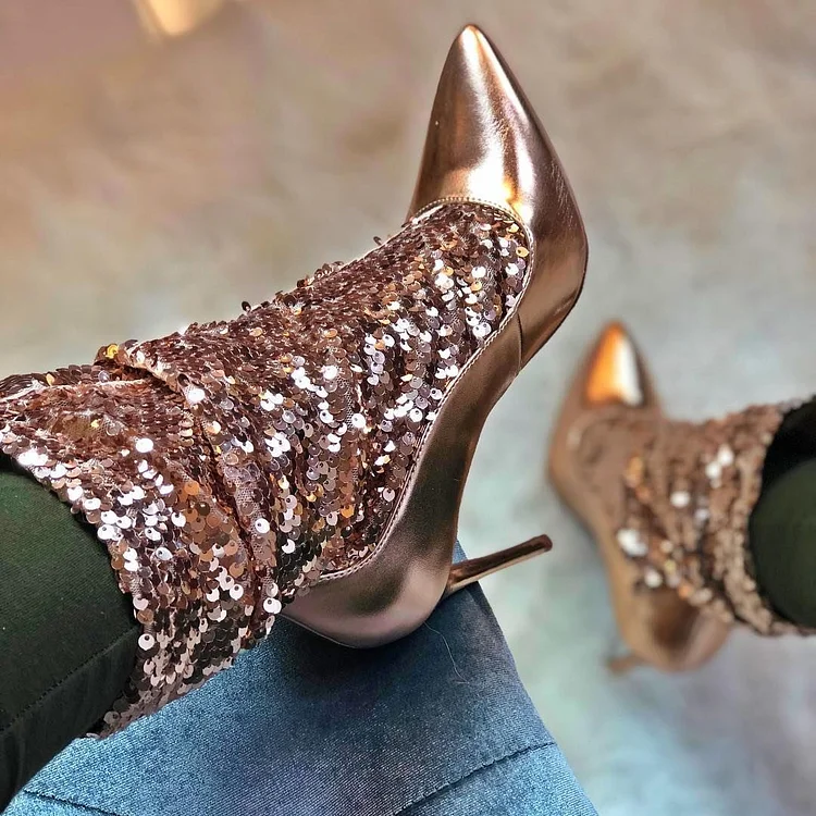 Gold Sequin Boots Stiletto Heel Ankle Boots |FSJ Shoes