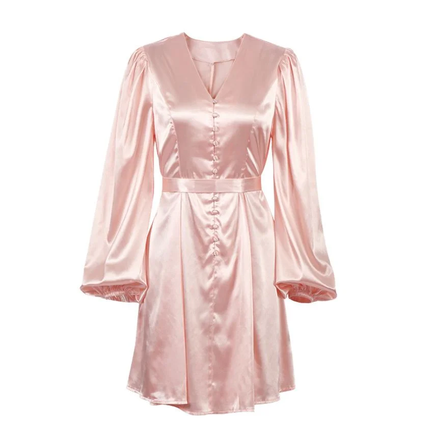 Fashionable satin satin V-neck lantern sleeve dress