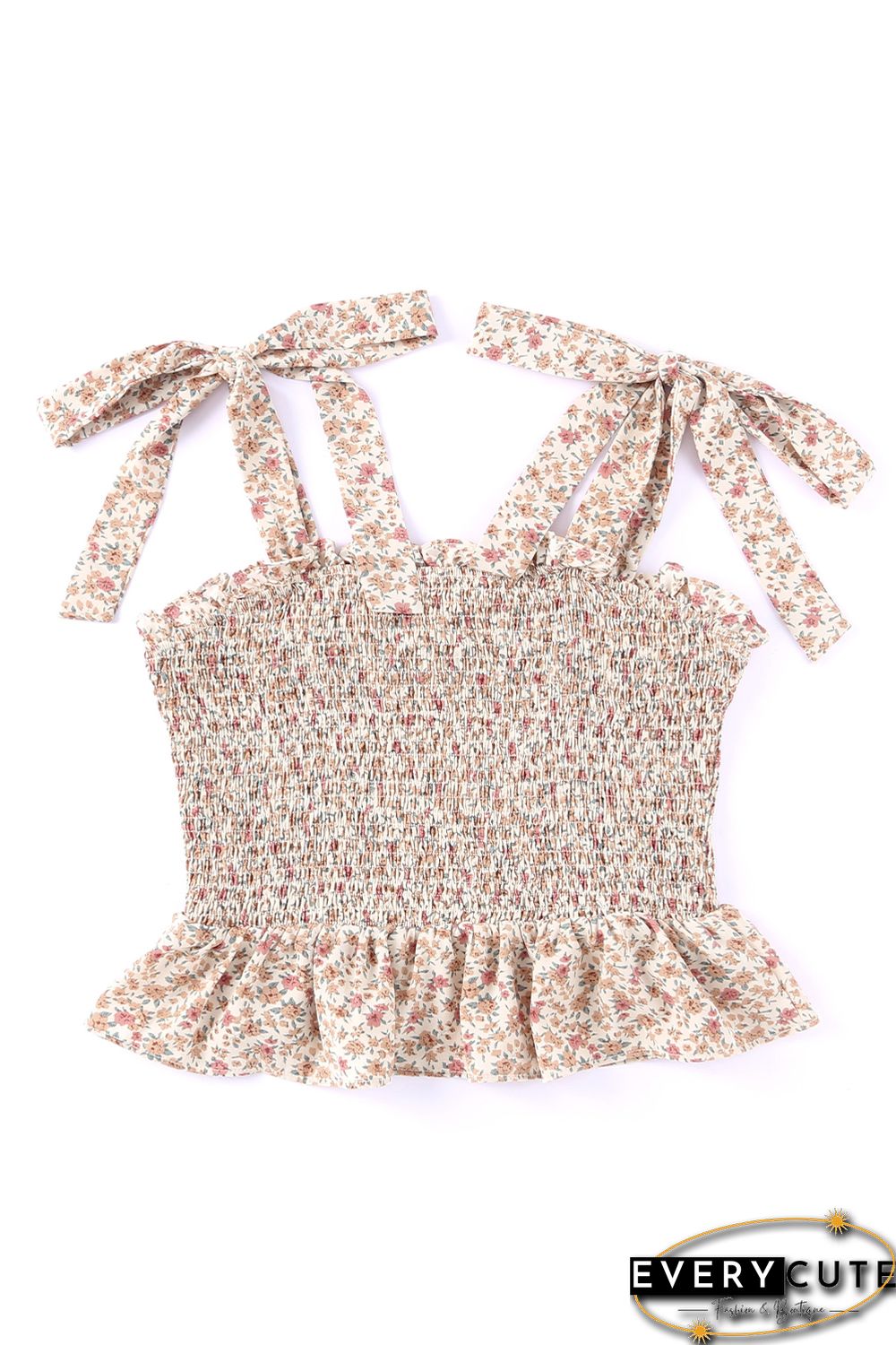 Khaki Floral Print Tie Straps Smocked Peplum Vest