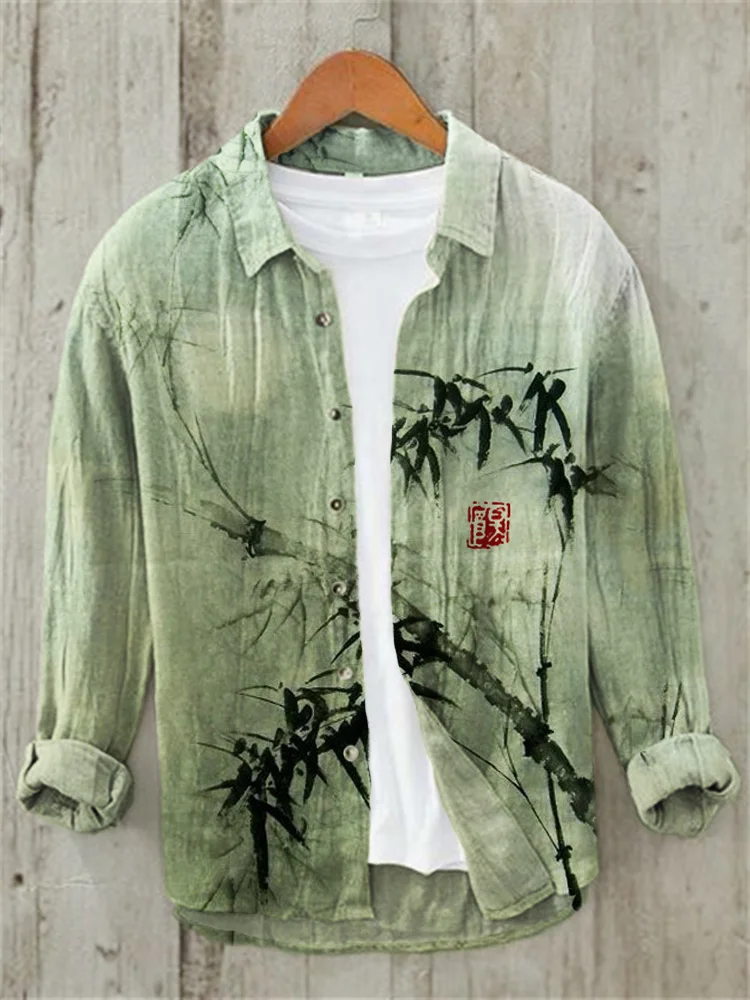 Comstylish Bamboo Forest Full Moon Night Japanese Art Linen Blend Shirt