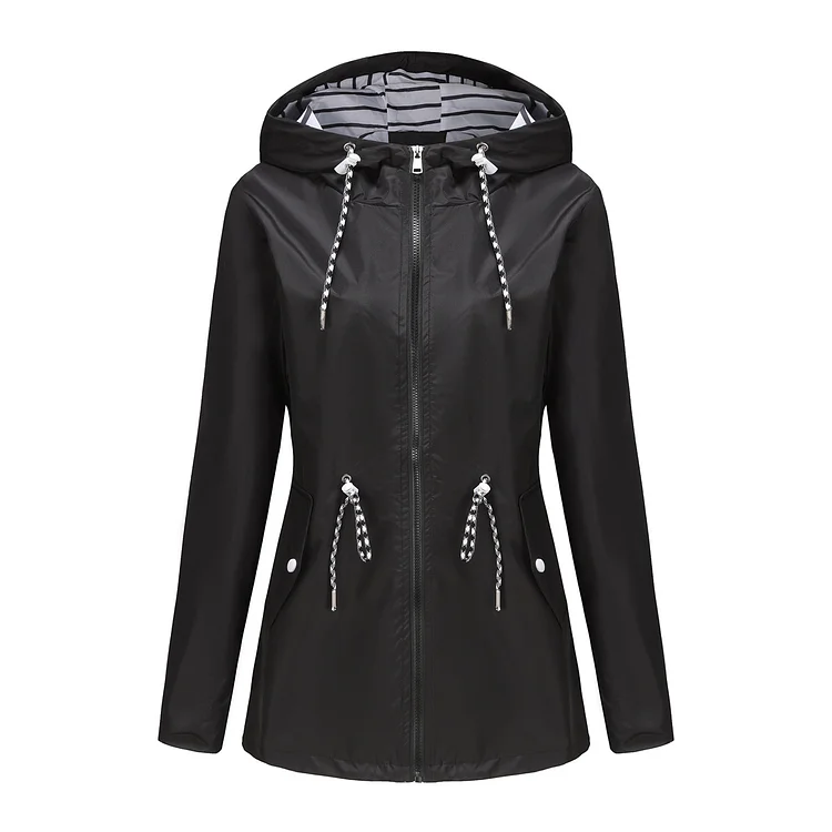 Women's Long Waterproof Jacket Solid Color Zipper Jacket with Hoode