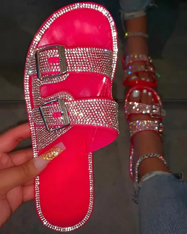 Rhinestone Buckled Double Strap Slippers