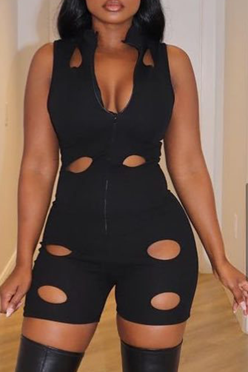 Sexy Solid Hollowed Out V Neck Skinny Jumpsuits