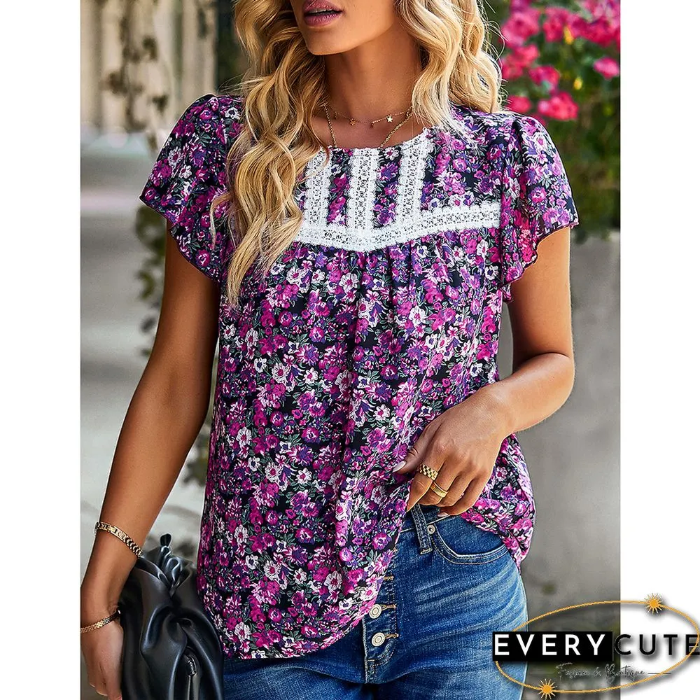 Purple Floral Print Ruffled Short Sleeve Blouse
