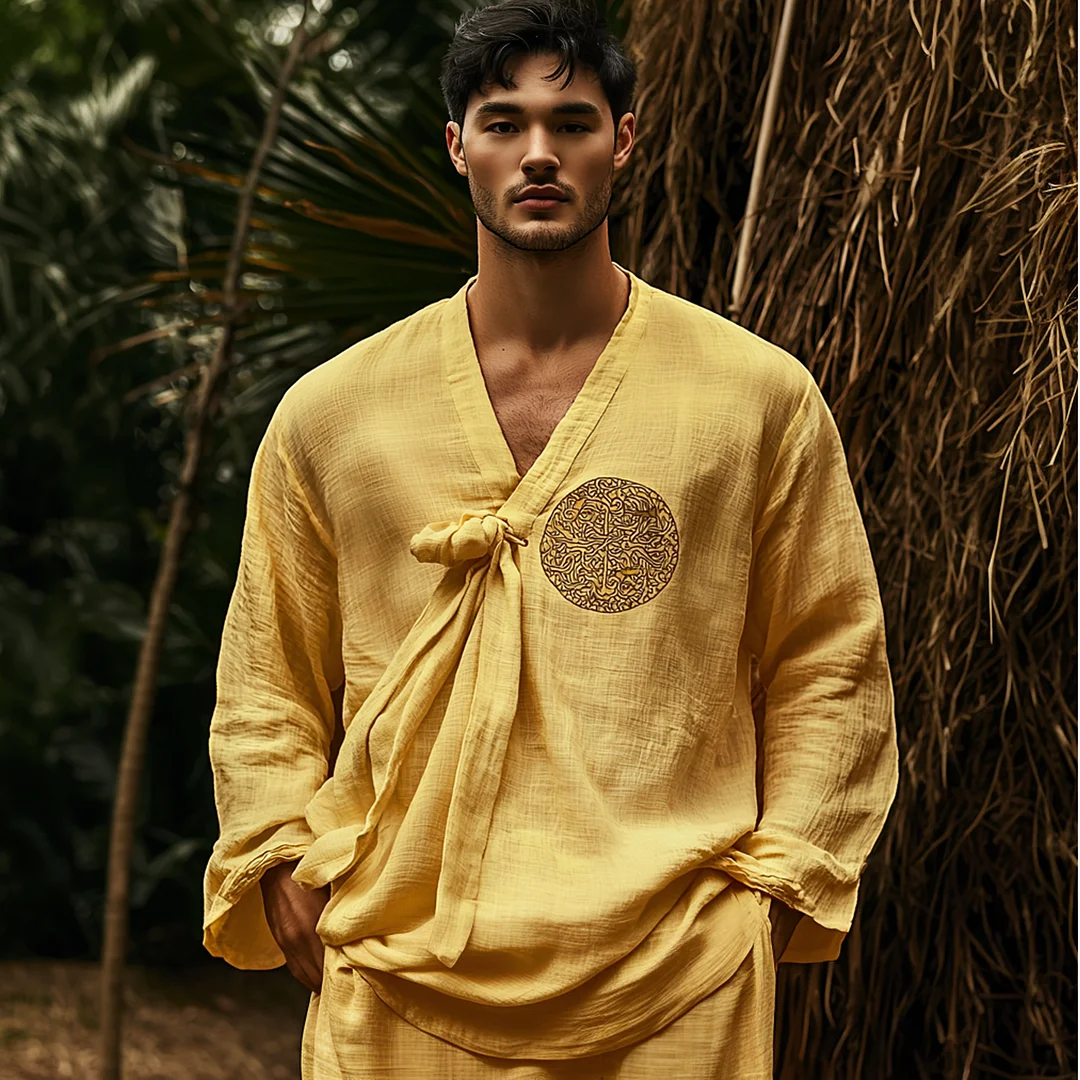 Men's Holiday Ethnic Lightweight Tie-Draw Linen Shirt-inspireuse