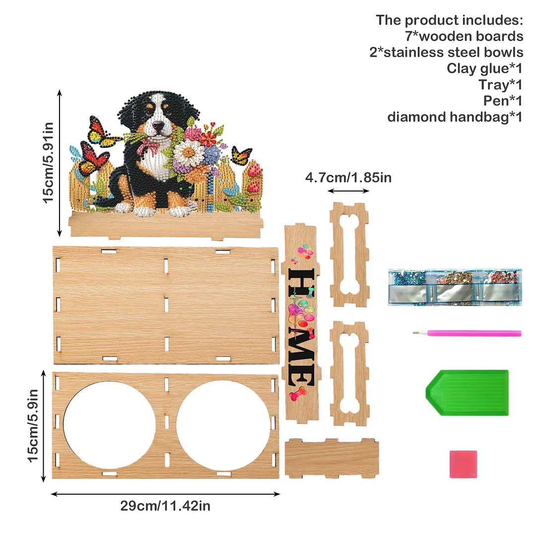 Diamond Painting Food Bowl with Wood Stand Diamond Art Dog Bowl for Small Dogs