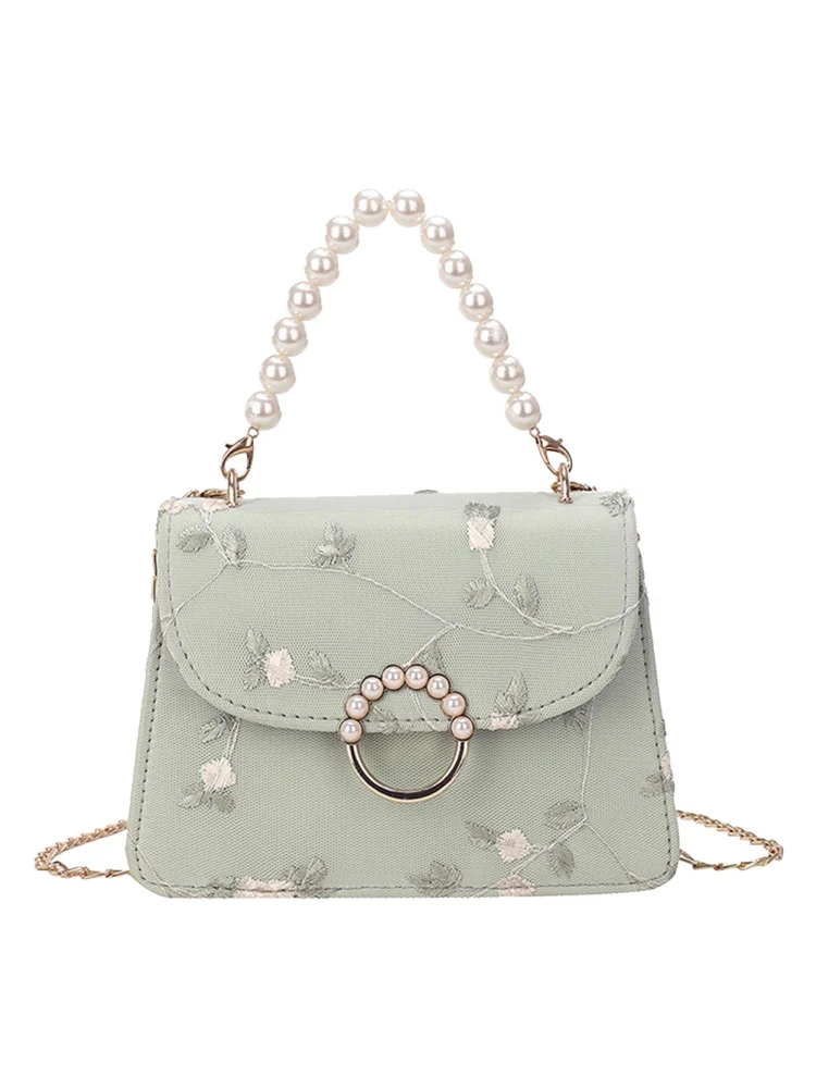 Fashion Women PU Flower Shoulder Bag Casual Pearl Chain Handbags (Green)