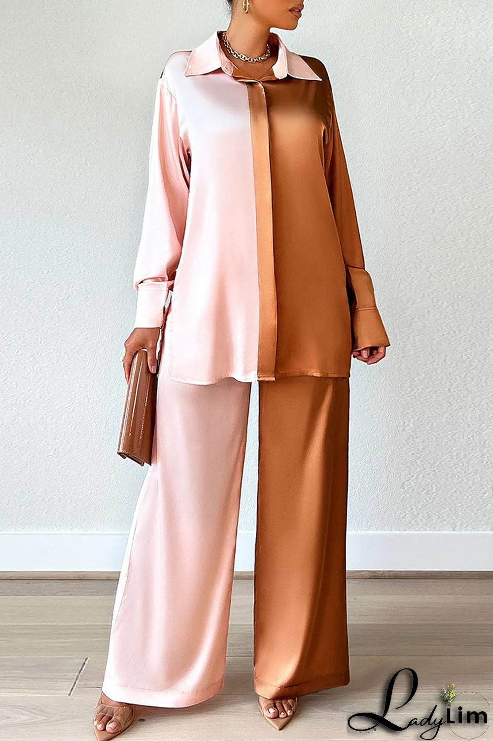 Coffee Fashion Solid Patchwork Turndown Collar Long Sleeve Two Pieces