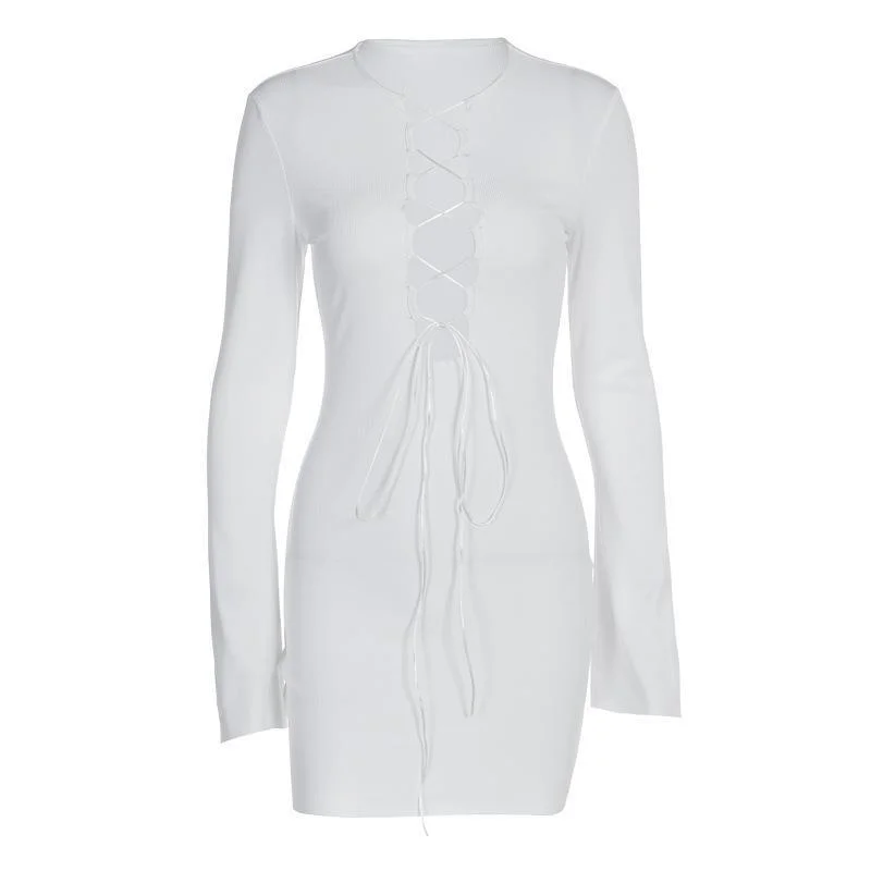 Uveng Uveng New Fall 2023 Women's Front Lace With Sexy Leaky Chest Solid Color Round Collar Long Sleeve Wrapped Hip Dress