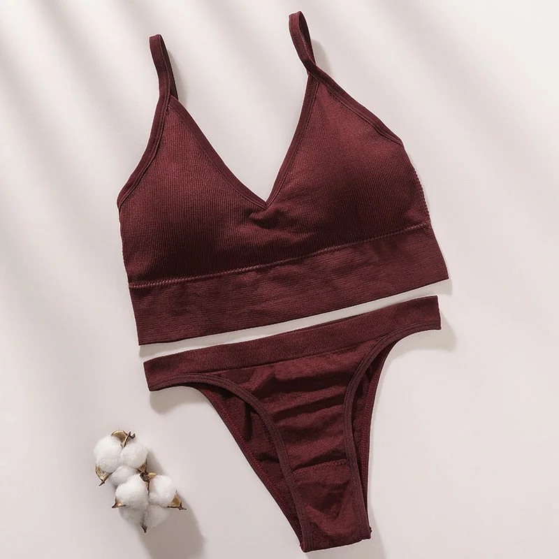 Women Bra Panties Set Sexy G-String Push Up Bra Crop Top Seamless Underwear Fitness Active Bra Top Thongs Female Lingerie Set