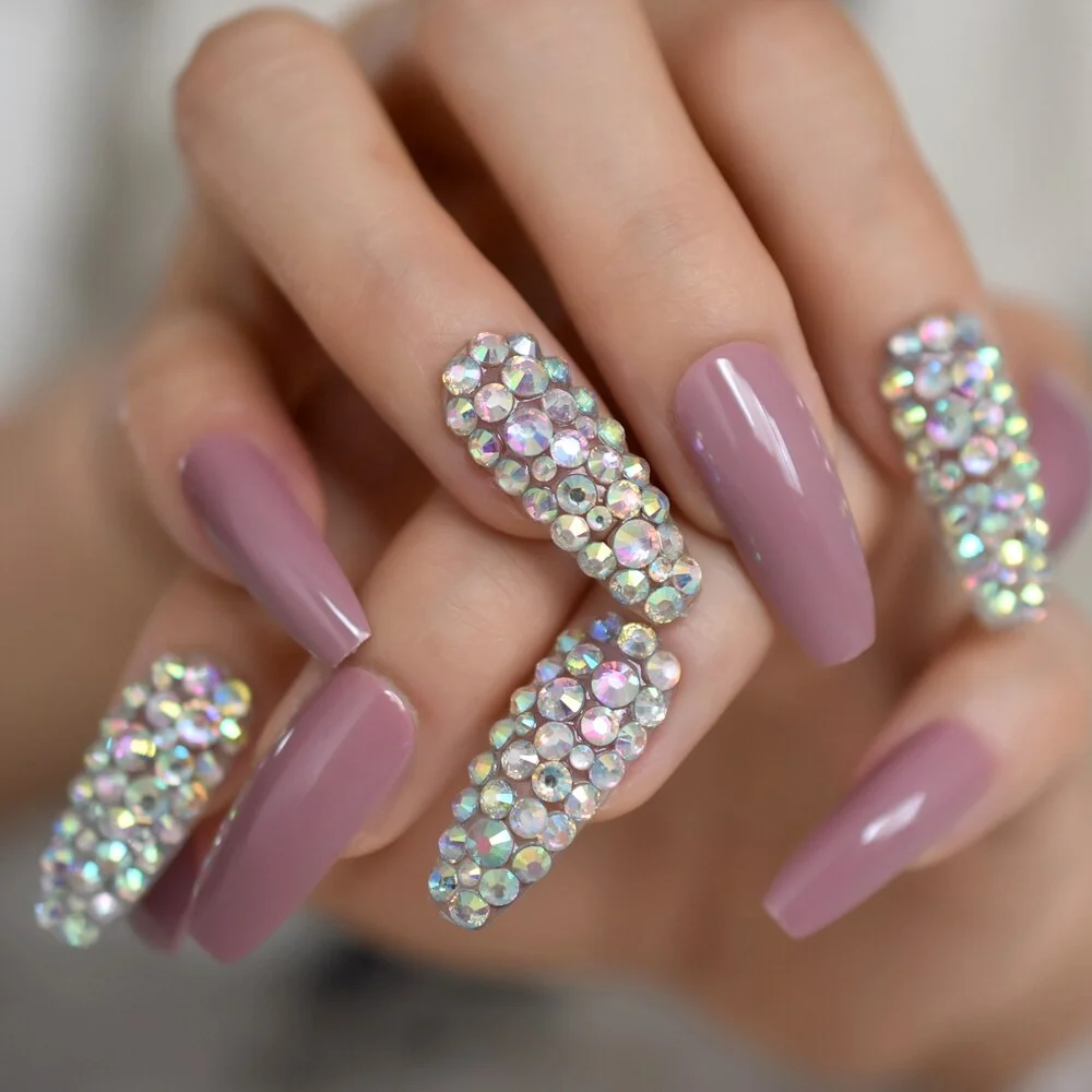 Extra Long Fake Nails False Set Press On Tips Ombre 3D Bling Nails With Rhinestones Coffin Ballerina Nail Art-Nail Inspo