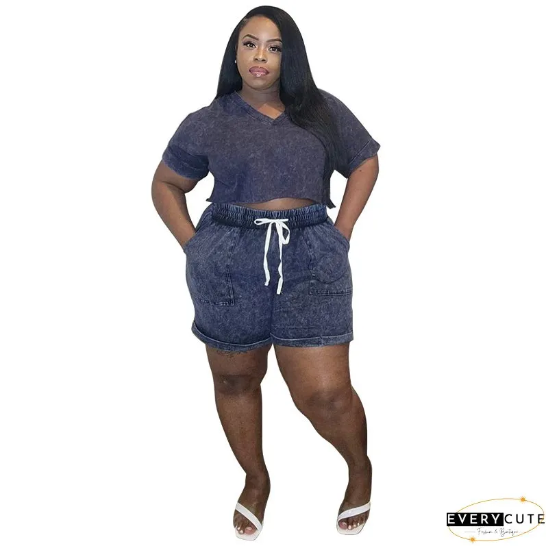 Plus Size Women Print Stretch Short Sleeve Top and Shorts Casual Two Piece Set