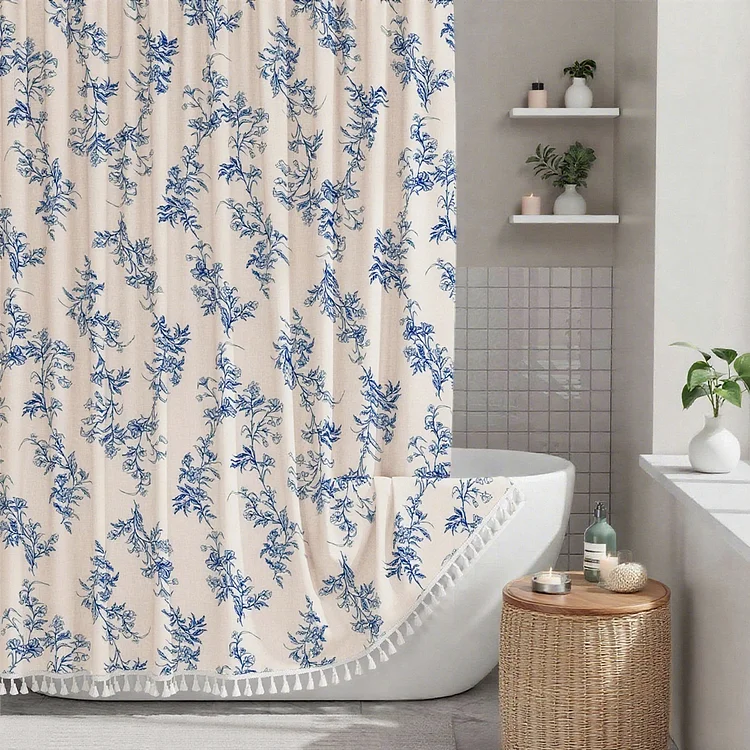 Sanmadrola Shower Curtain Floral Plant Shower Curtain Set with Tassels, Heavy Duty Faux Cotton Linen Cottagecore Boho Vintage Rustic Shower Curtains with Hooks for Bathroom Decor, 72x72 in