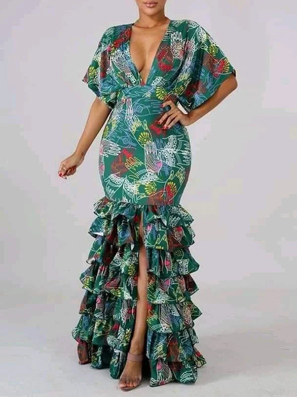 Floral Printed Half Sleeve Deep V-Neck Empire Falbala Maxi Dress